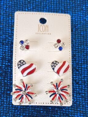 Patriotic Theme 3 Pair Enamel Crystal Stud Earring Set Red White Blue Silver